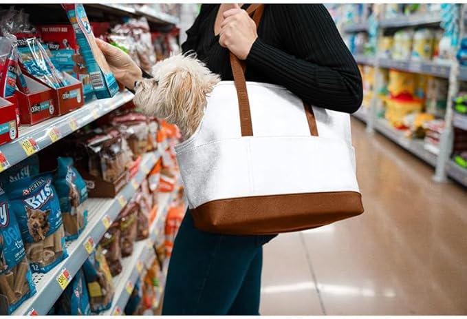 Premium Pet Carrier Tote Bag with Multiple Pockets, Brown/White PU Leather, 18.5L x 7W x 11.5H inches (White)