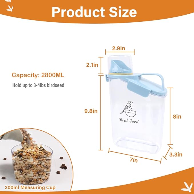 Bird Seed Storage Container Portable-3 Qt/2.8 L Clear Plastic Pet Food Container-with Measuring Cup,Airtight Wild Bird Seed Dispenser for Storing Sunflower Seed|Squirrel proof|BPA Free-Blue