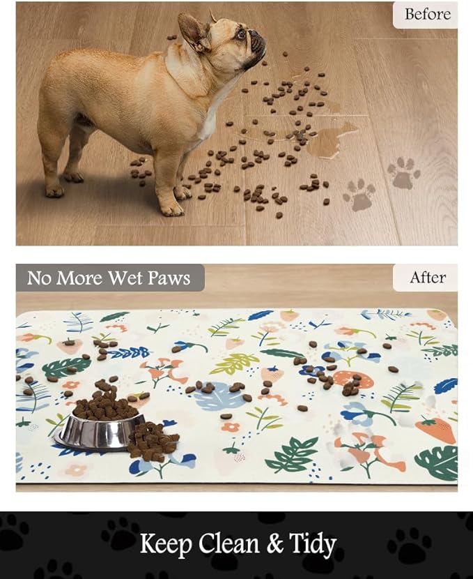 Pet Feeding Mat-Absorbent Dog Mat for Food and Water Bowl-No Stains Quick Dry Water Dispenser Mat-Dog Accessories Pet Supplies-Bowl for Messy Drinkers(LIGHTFLOWERS,12"x19"