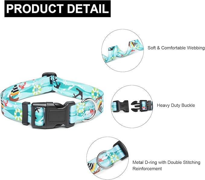 Mercano Adjustable Dog Collar - Special Design Patterns, Soft Nylon Comfortable Durable Pet Collar for Small Medium Large Dogs (S, Sail)