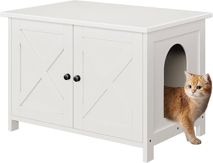 Vongrasig Cat Litter Box Enclosure,Litter Box Furniture Hidden with Barn Door,Wooden Cat Washroom Furniture,Cat House,End Table, Fit Most of Litter Box, White