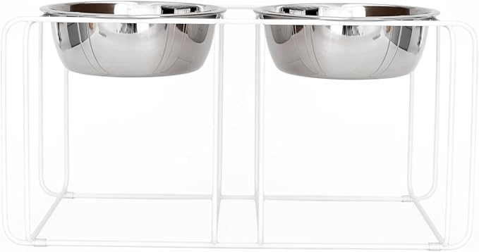 Wire & Dine Elevated Dog Bowls Stand for Medium & Large Sized Dogs - 2 Stainless Steel 8 Cup Dishes - Non-Skid, Modern Minimalist Design, Dishwasher Safe, White Frame Holder - Made in USA