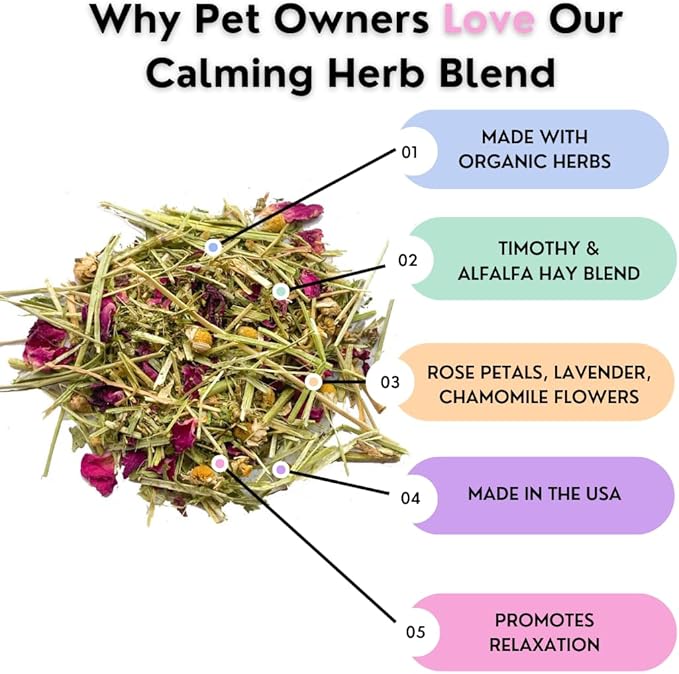 Herbal Calming Forage: Premium Rabbit Food, Hay for Guinea Pigs Food, Chinchilla Food, Hamster Treat Made with Timothy Hay & Organic Herbs (10 Ounces)