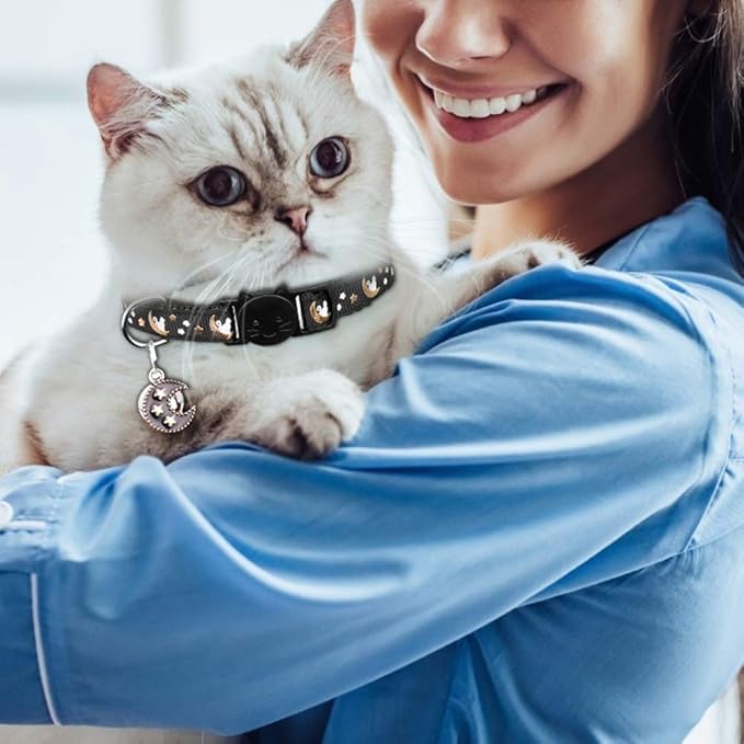 2Pcs Breakaway Cats Collars Cat Collars for Boy Cats Adjustable Kitten Collars with Bell,Black+Pink,8"-13.1"