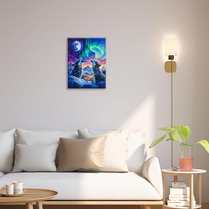 Wolf Wall Art Wolves Canvas Wall Decor Prints Framed Painting Aurora Pictures Gifts Artwork for Bathroom Bedroom Living Dining 12"x16"