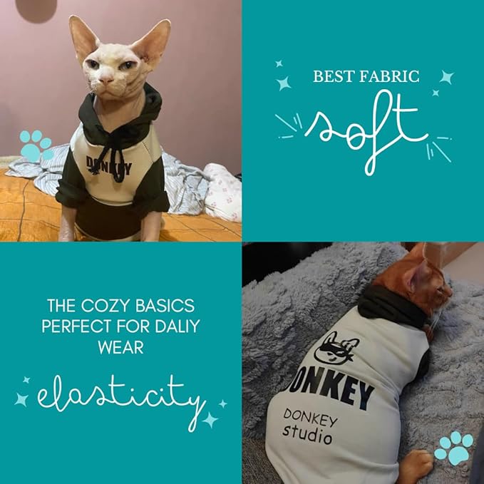 Sphynx Cat Hoodie Sweater, Thick Warm Stratch Soft Cat Hoodie Jacket,Two Legged Warm Fleece Hoodie for cat,Autumn Winter Clothes for Kitten Small Dogs (Dark Green&White, XL (7-9lbs))