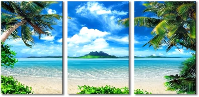 Wieco Art 3 Piece Blue Sea Beach Canvas Prints Modern Stretched Wall Art Seascape Pictures Paintings for Living Room Bedroom Home Decorations Modern Landscape Artwork