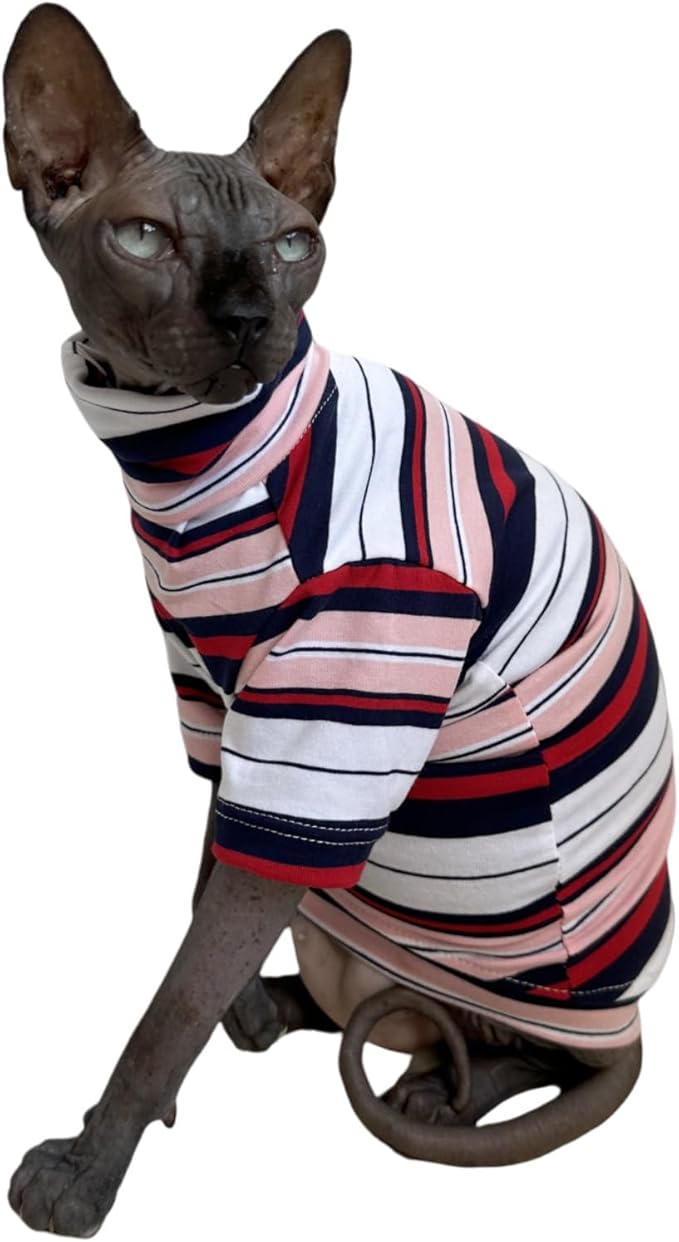 Vintage Stripes Sphynx Hairless Cats Shirt Cotton Cat Turtleneck Pet Clothes Kitten T-Shirts with Sleeves for Sphynx Cornish Rex, Devon Rex, Peterbald (Gentlemen, Medium (Pack of 1))