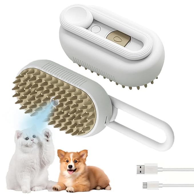 3-in-1 Cat Grooming Brush โ Water Spray & Self-Cleaning Shedding Brush for Cats & Dogs โ Pet Hair Removal & Massage Comb for Long & Short Hair (White). (White)