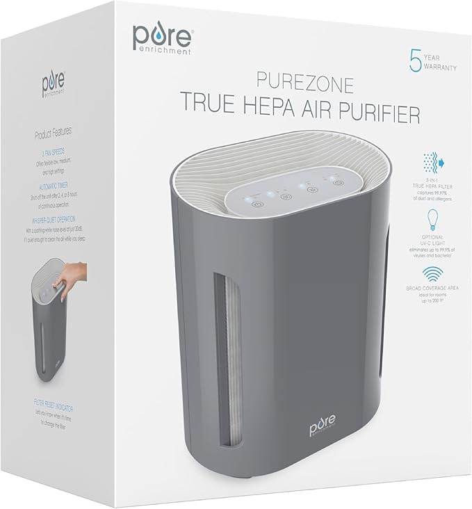 Pure Enrichment PureZone Air Purifier for Bedroom & Living Room, 4-Stage Filtration & UV-C Light, H13 HEPA Filter Helps Remove Bacteria, Pet Hair Dander, Allergens, Germs, Smoke, Dust (Gray)
