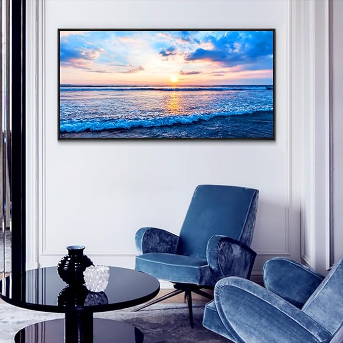 Wapluam Large Canvas Prints Wall Art For Living Room Office Wall Decor Blue Beach Sea Waves Landscape Wall Painting Bedroom Home Decorations Pictures Ready To Hang Wall Mural Black Framed Artwork