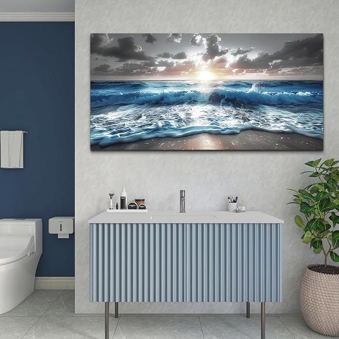 hyidecorart Large Wall Art For Living Room Modern Wall Decor For Office Blue Beach Painting Sea Waves Sunshine Wall Pictures Bedroom Home Decoration Prints Posters Mural Artwork Ready To Hang 60x30