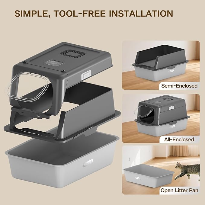 Stainless Steel Cat Litter Box with Lid, XX-Large Extra Large Litter Box for Big Cats, Enclosed Removable Metal Cat Box with High Sided Enclosure,Magnetic Door,40L Box, Litter Trap Step/Mat