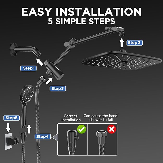 Veken Wide Rain Shower Head with 6 Modes Handheld Water Spray,High Pressure Showerhead Combo with Arm for Bathroom Accessories,Home Decor Adjustable Dual Shower with Anti-Clog Nozzles,Matte Black