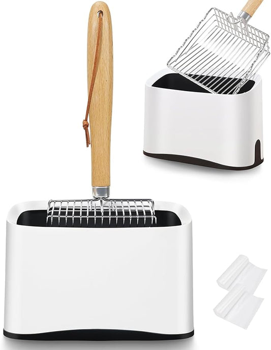 Metal Cat Litter Scoop with Holder, Poop Scooper with Stand and 2 Rolls of Garbage Bags, Heavy Duty Stainless Steel Shovel with Wooden, Quick Sifter for Easy Cleaning (Long handle-9.8" with Holder)