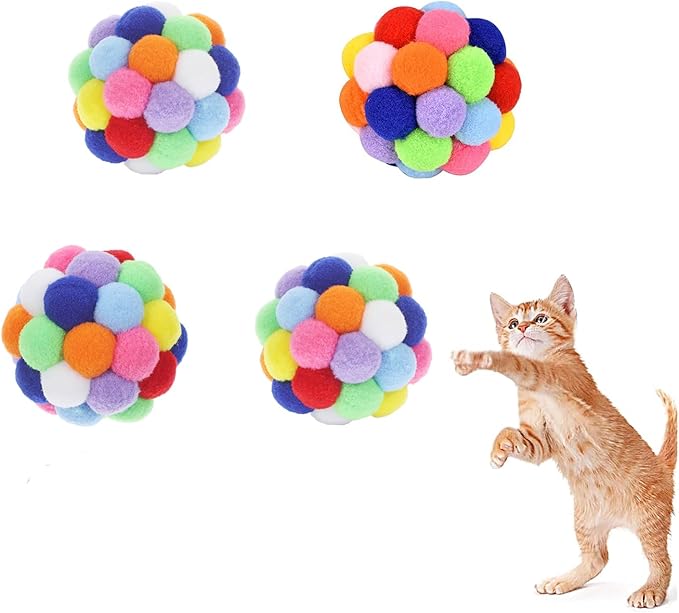 4PCS Cat Toy Balls, 1,75'' Soft Pom Pom Balls for Kittens, Colorful Soft Fuzzy Ball for Cats, Interactive Playing Chewing Toys for Indoor Cats and Kittens, Cute Kitty.