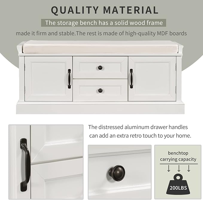 Storage Bench with 2 Drawers and 2 Cabinets, Pine Wood Shoe Bench with Removable Cushion for Living Room, Entryway 42.5" L x 15.9" W x 17.5" H (White)
