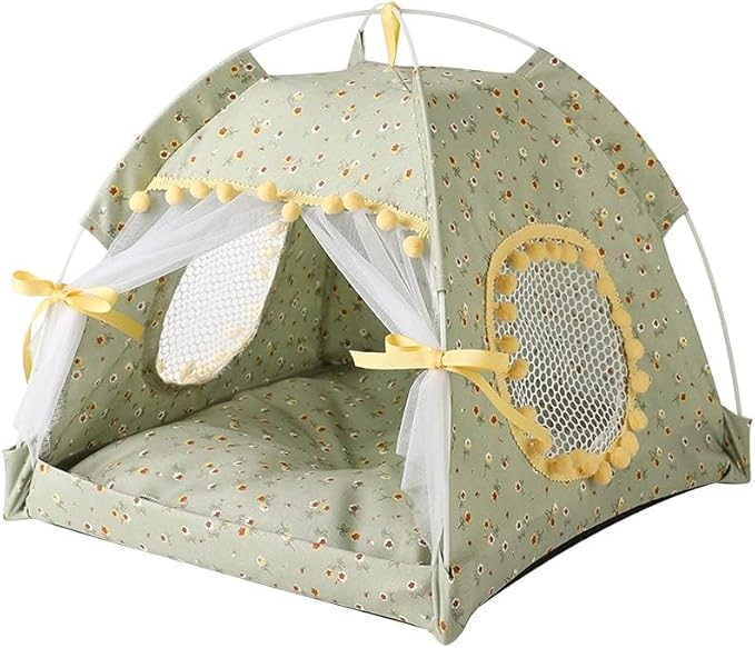 Cat Bed Tents Dog House Indoor Outdoor Lace Mesh Breathable Windows Door Curtains Removable Portable Nest Teepe House (Small,Green&Yellow)