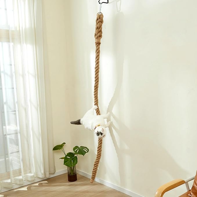 SHENGOCASE 1.9" x 6.56Ft Cat Climbing Jute Rope with Hook, Wall Mounted Furniture for Indoor and Outdoor Cat, Cimbing Pole (6.56 Feet)