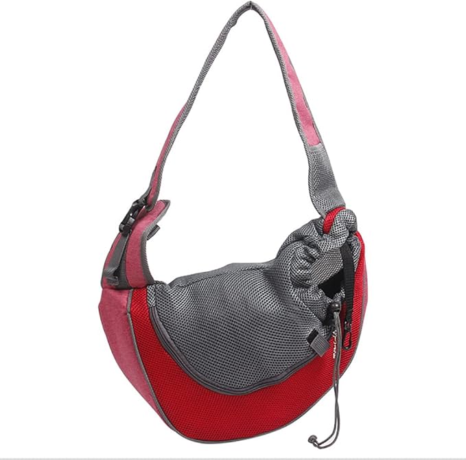 Pet Dog Sling Carrier, Breathable Mesh Hand Free Adjustable Travel Safe Puppy Sling Bag Dog Satchel Carrier for Dogs Cats Rabbit Small Animals (Adjustable Buckle for Under 5 lbs, Red Strap)
