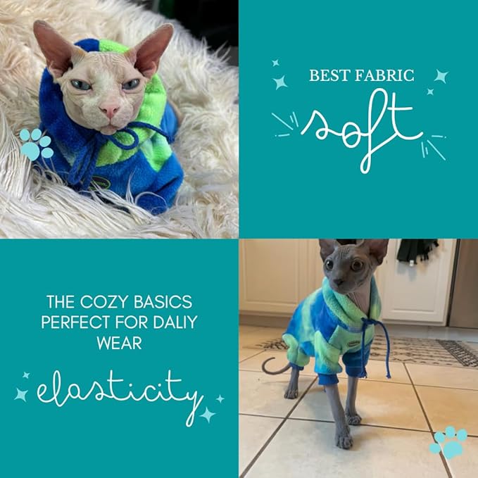 Sphynx Cat Hoodie Sweater, Thick Warm Stratch Soft Cat Hoodie Jacket,Two Legged Warm Fleece Hoodie for cat,Autumn Winter Clothes for Kitten Small Dogs (Blue&Green Tie Dye, M (3-5lbs))