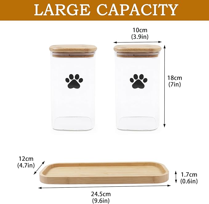 37oz Dog Treat Container Set of 2, Glass Dog Treat Jars for Kitchen Counter with Airtight Bamboo Lids, Small Pet Treat Canister,Puppy Food Bin for Kitchen Counter,Freshness Seal-Clear