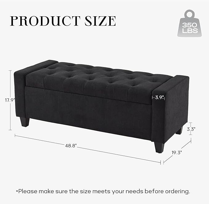 Ottoman with Storage, 48.8" Fabric Storage Ottoman Bench with Hinge, Bedroom Bench, Upholstered Benches with Seating for Living Room, Entryway (Dark Grey)