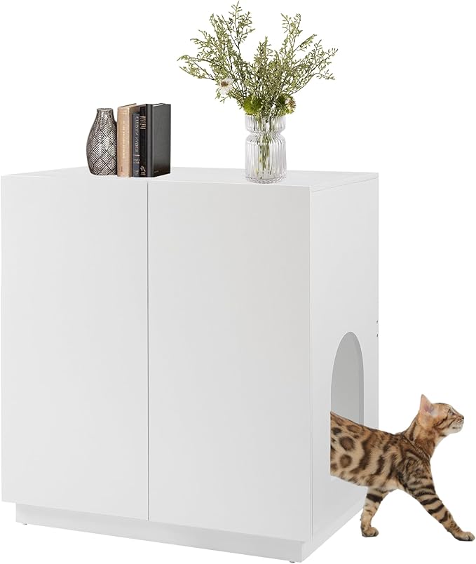 unipaws Tall Cat Litter Box Enclosure with Shelves, Hidden Litter Box Cover for Tall or Top Entry Litter Box, Kitty Enclosed Litter Box Cabinet, Cat Box Furniture, White