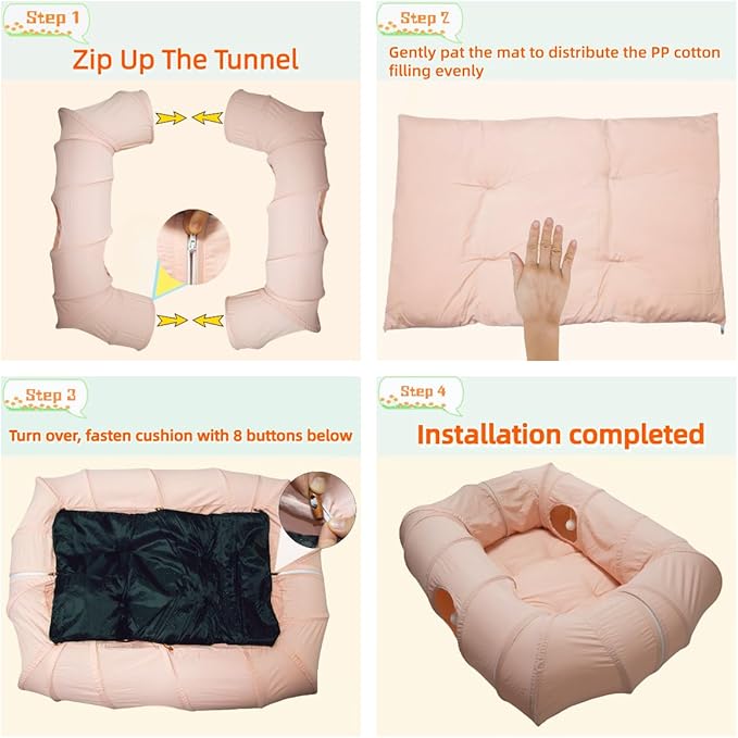 XxingSheep 4 Ways Shuttled XL Cat Tunnel Bed for Indoor Cats Peekaboo Cat Cave Donut with Cool Mat (Pink)