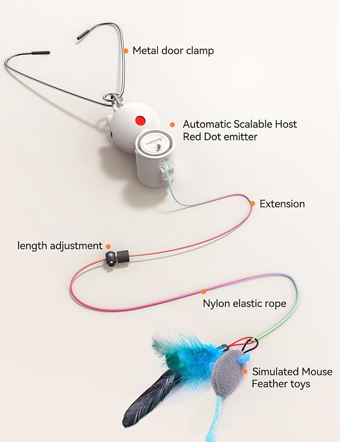 FEELNEEDY Laser Cat Toys for Indoor Cats, Interactive Cat Toy LED Light Hanging, Cats Wand Toy Feather, Feather & Mouse for Bored Adult Kitten Exercise, White