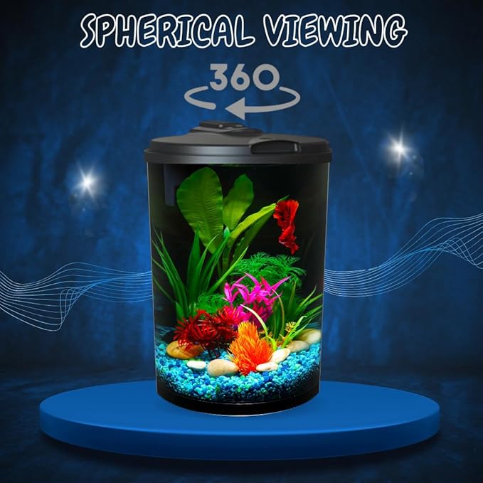 Koller Products 3-Gallon 360 Aquarium with LED Lighting (7 Color Choices) and Power Filter, Ideal for a Variety of Tropical Fish,Crystal-Clear Clarity,AP360A-3FFP