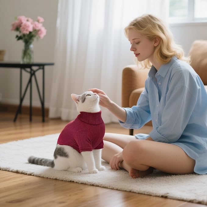 Idepet Sphynx Hairless Cats Sweater Shirt Kitten Soft Puppy Clothes Pullover Cute Cat Pajamas Jumpsuit Cotton Apparel Pet Winter Turtleneck for Cats and Teacup Chihuahua Small Dogs(Red,L)