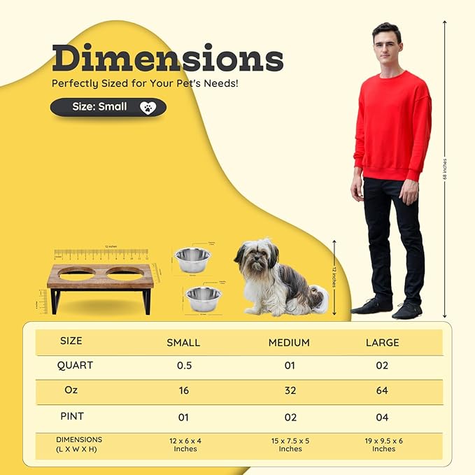Elevated Dog Bowls, Small 4 Height Mango Wood Raised Dog Bowl Iron Stand with 2 Pcs 16oz Stainless Steel Pet Dishes | Food & Water 2Cup/0.47L Capacity Nonslip Cats Feeding Station