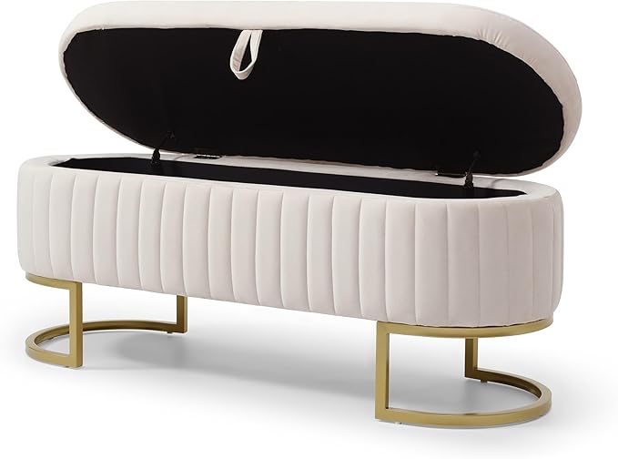 50" Sherpa Storage Ottoman Bench – Velvet Upholstered Bedroom Bench with Golden Metal Legs, Lift-Top Hidden Storage, Modern Footrest for Living Room, Entryway, Bed End (Beige)