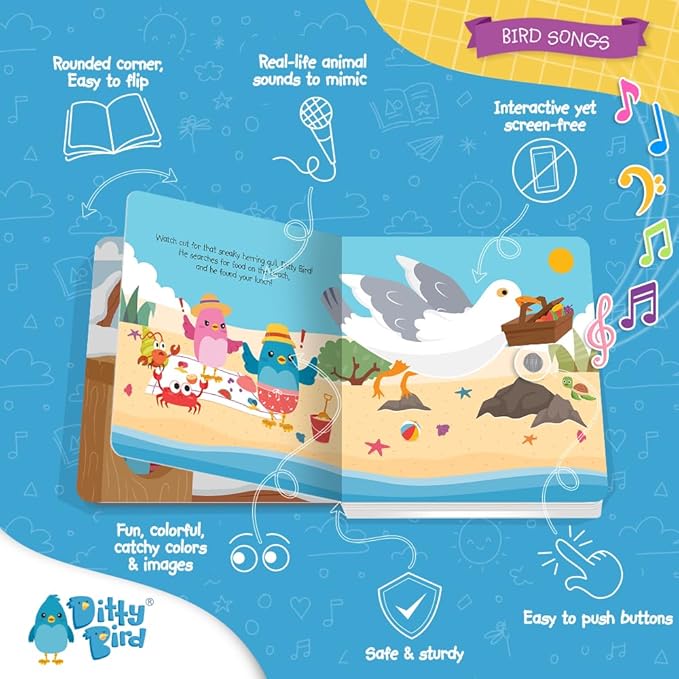 Ditty Bird Animal Sounds Book for Toddlers โ Interactive Book Featuring Cuckoo, Blue Tit, Herring Gull, Tawny Owl & Dove Sounds | Musical Board Book for Ages 1-3 | Perfect Educational Gift for Toddler