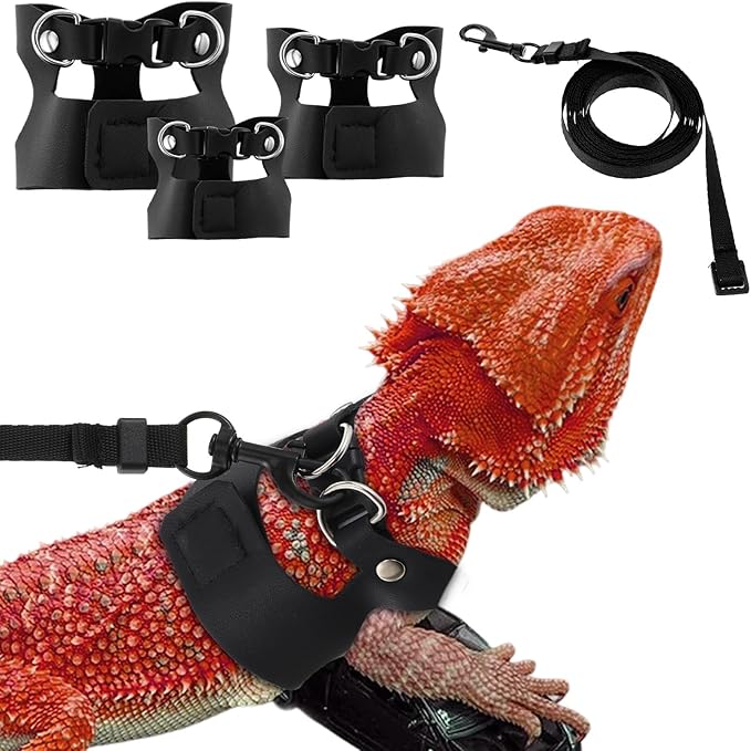 Bearded Dragon Harness Leash 3 Size Adjustable Soft Reptile Leash Retractable Bearded Dragon Vest Training Walking Lizard Traction Rope for Outdoor Small Animal Rabbit Squirrel (Black)