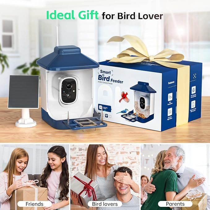 Bird Feeder with Camera, AI Bird Identification, Full HD Live Video, Solar Powered, 2.4Ghz WiFi, Nstant Arrival Alerts - Best Gifts for Bi rd Lovers