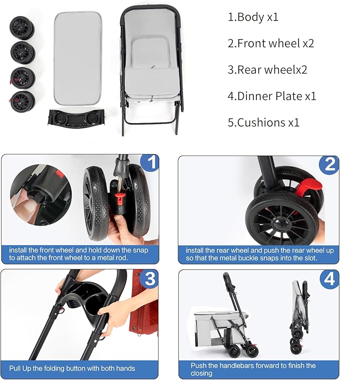 Pet Stroller Cat Dog Stroller Travel Folding Pet Carriers(Gray)