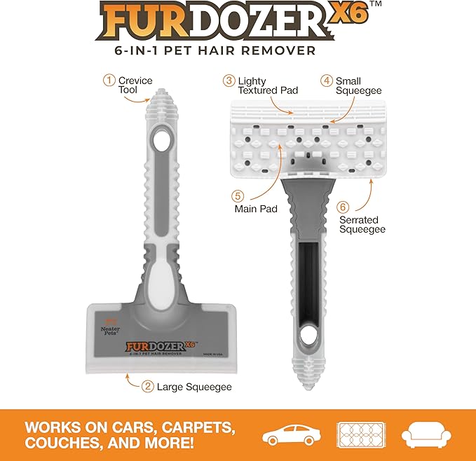 FurDozer X6 & X3 Bundle - Pet Hair Removal Tool & Car Detailing Dog Hair Remover for Carpet, Car, Couch, Bedding, & Furniture - Reusable Pet Fur Remover & Carpet Scraper for Animal Fur & Lint, Grey