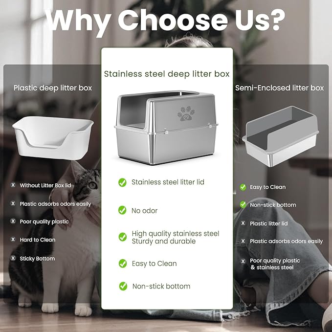 Enclosed Stainless Steel Cat Litter Box with Lid, XL Metal Litter Box for Big Cats, Extra Large Cat Toilet with High Side, Non-Stick, Anti-Leakage, Odorless, with Cats Litter Mat & Litter Scoop