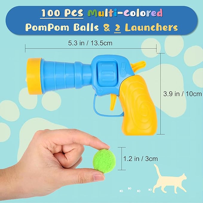 Low Noise Interactive Cat Ball Launcher Gun, 2 Noise-Reduced Launchers (New Upgraded), 100 Pcs Colorful Silent Plush Pom Pom Balls (1.2 inches), with 4 Pcs Cat Spring Toy