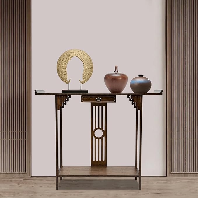 Console Table with Storage Shelves, 2 Tiers L 40.1” Narrow Sofa Table with Drawers, Bamboo Entryway Table for Small Spaces, Living Room Hallway Foyer Corridor Wood Entry Table