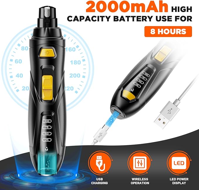 Dog Nail Grinder Quiet, Rechargeable Dog Nail Trimmers Dog Nail Clippers with 3 Grinding Wheels 3-Speed, Pet Nail Grinder Tool for Large Medium Small Dogs Cats with Thick Nail-Dark Black