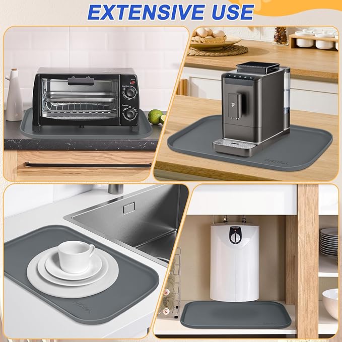 Silicone Pet Feeding Mat with Raised Edge for Food and Water, Dog Bowl Mats, Cat Bowls Placemat with High Lip for Floor Waterproof, Rubber Tray for Cats and Dogs 24 x 16 x 0.8 Dark Grey