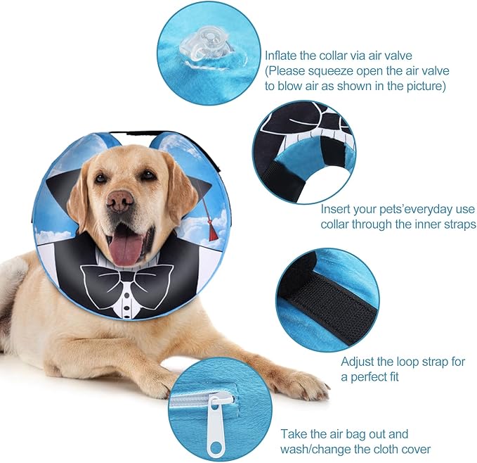 CuteBone Inflatable Dog Donut Collar with Removable Soft Fleece Covers for Small/Medium/Large Dogs and Cats After Surgery GWB13M