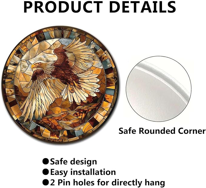 Lygond Metal Sign Tin Sign Circular Stained Glass Eagle Funny Gardening Gift For Restaurant 8×8 Inches