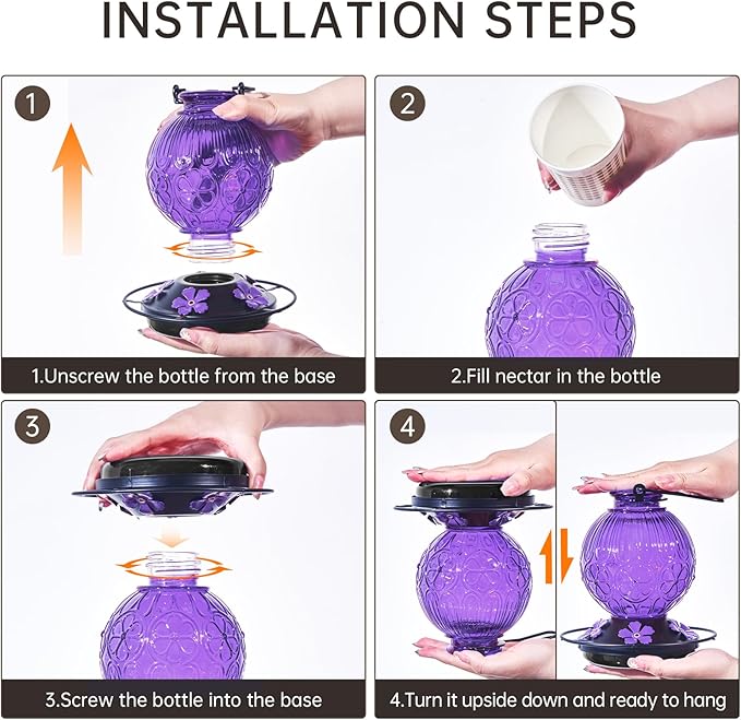 Glass Hummingbird Feeders for Outdoors Hanging, 23Oz Humming Bird Nectar Feeders with Perch, 5 Flower Feeding Ports, Leak Proof Base and Hook for Garden Decor, Gifts for Mom Women (Purple)