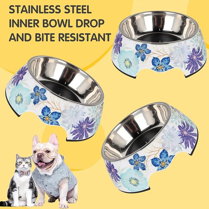 2 in 1 Food Water Bowls - Non Slip Skid Proof Heavy Duty Pet Bowls for Feeding Drinking Small Medium Large Dogs Cats Puppies (Blue Flower, M:14 OZ)