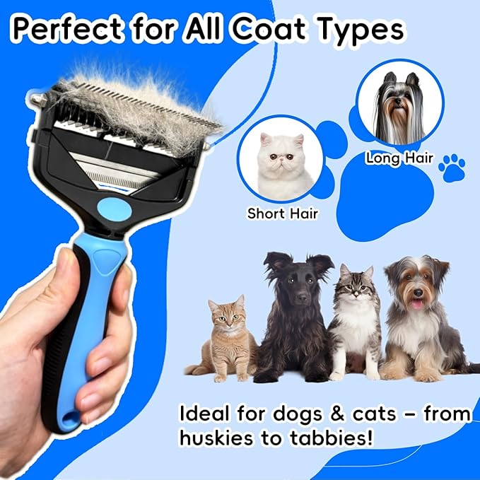 3-in-1 Pet Deshedding Tool โ Grooming Brush for Dogs & Cats with Undercoat Rake & Dematting Comb (Blue)