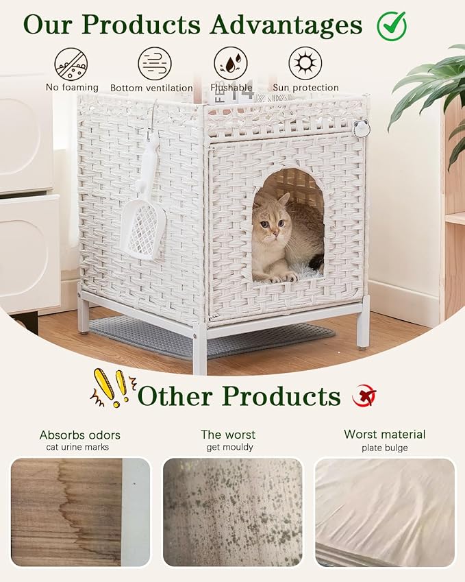 Cat Litter Box Enclosure Hidden Litter Box Furniture with Metal Heightened Feet, Rattan Handwoven Cat House with Litter Mat, Hidden Litter Box Furniture for Bedroom Living Room White